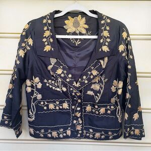 Isda & Co. Embroidered 100% Silk Short Blazer Jacket Navy Blue Women's S Office